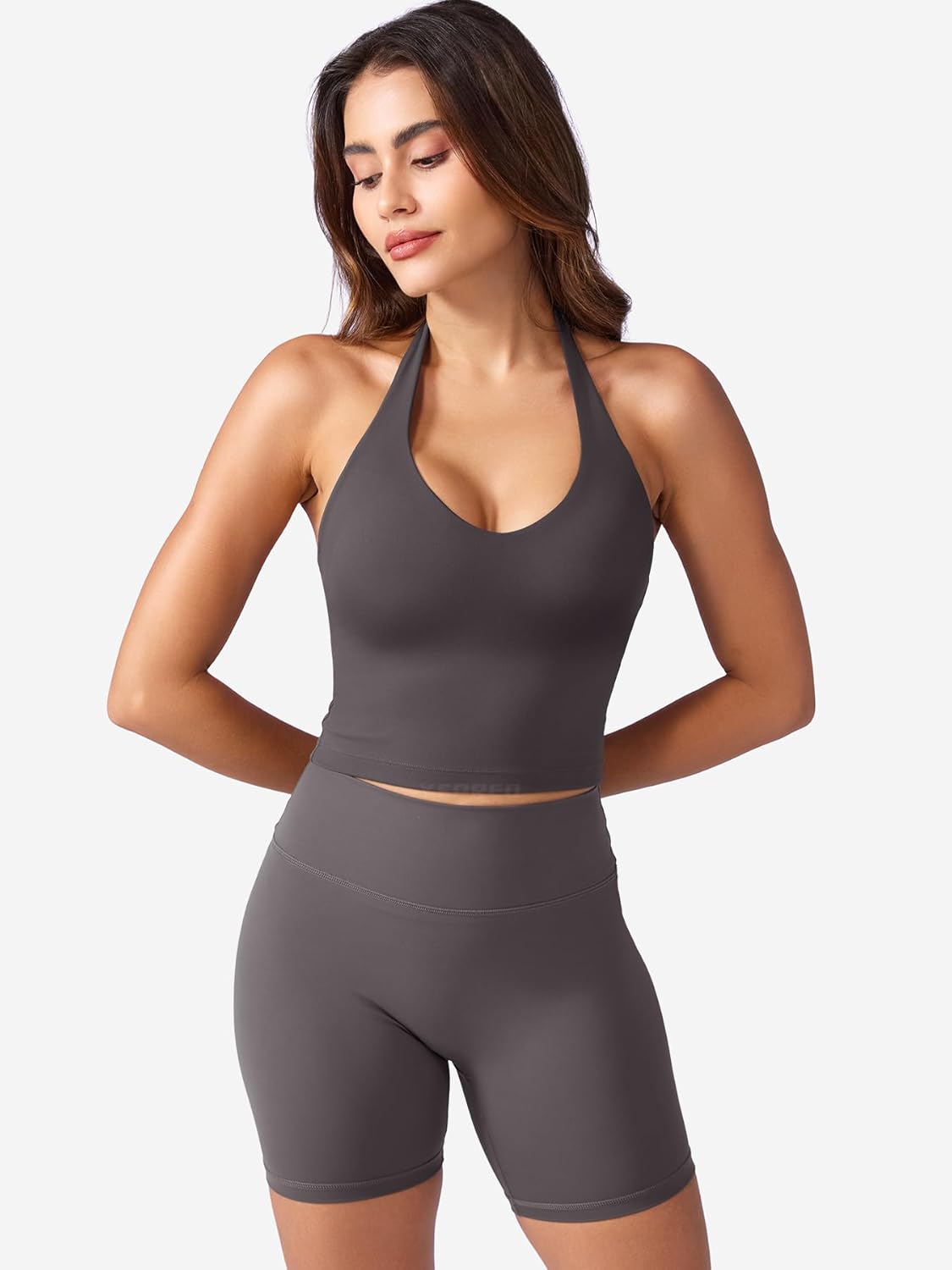 YEOREO Women's Halter Crop Top V Neck Workout Going Out Tank Top Hazel Padded Sleeveless Backless Trendy Summer Camisole - Image 6