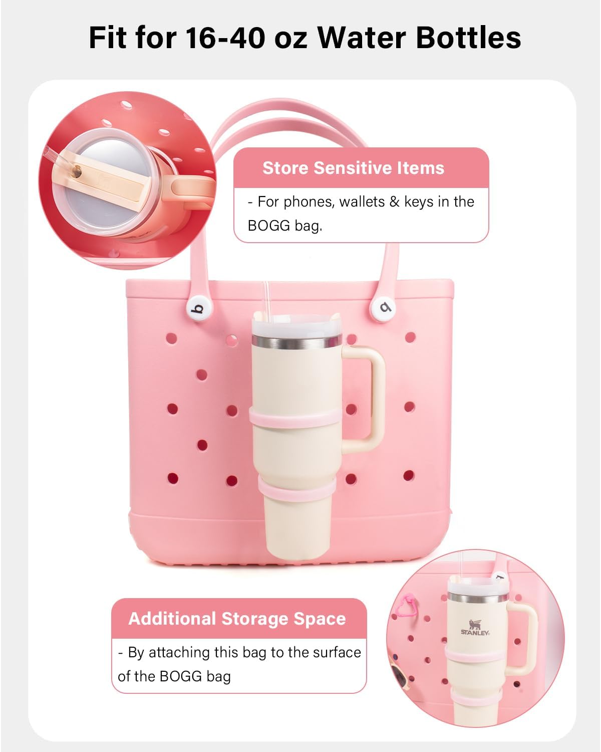 LETGO Cup Holder for Bogg Bag Compatible with Stanley Bogg Bag Cup Holder Accessories Simply Southern Beach Tote Bag(New Pink)