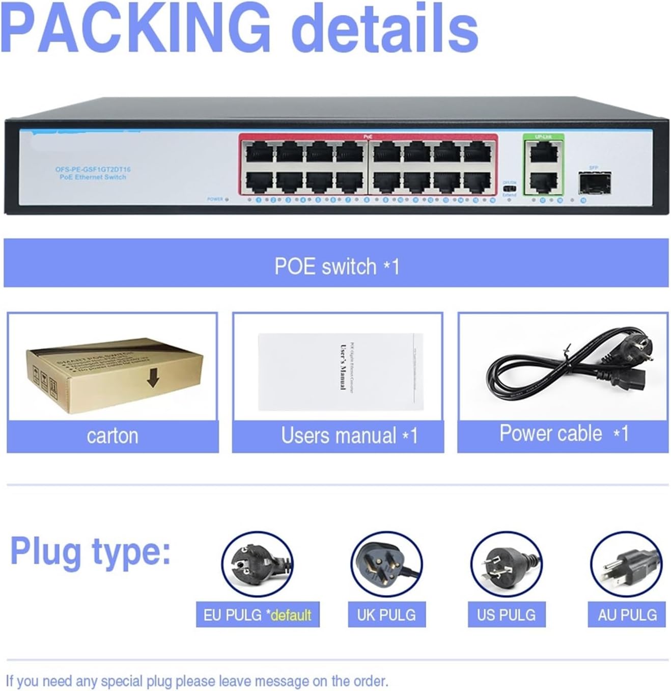 200W 802.3AF at 250 Meter Range Active POE Switch 54 Volt 1000 Fiber Rack PoE+ Gigabit 16 Port PoE SFP Switch