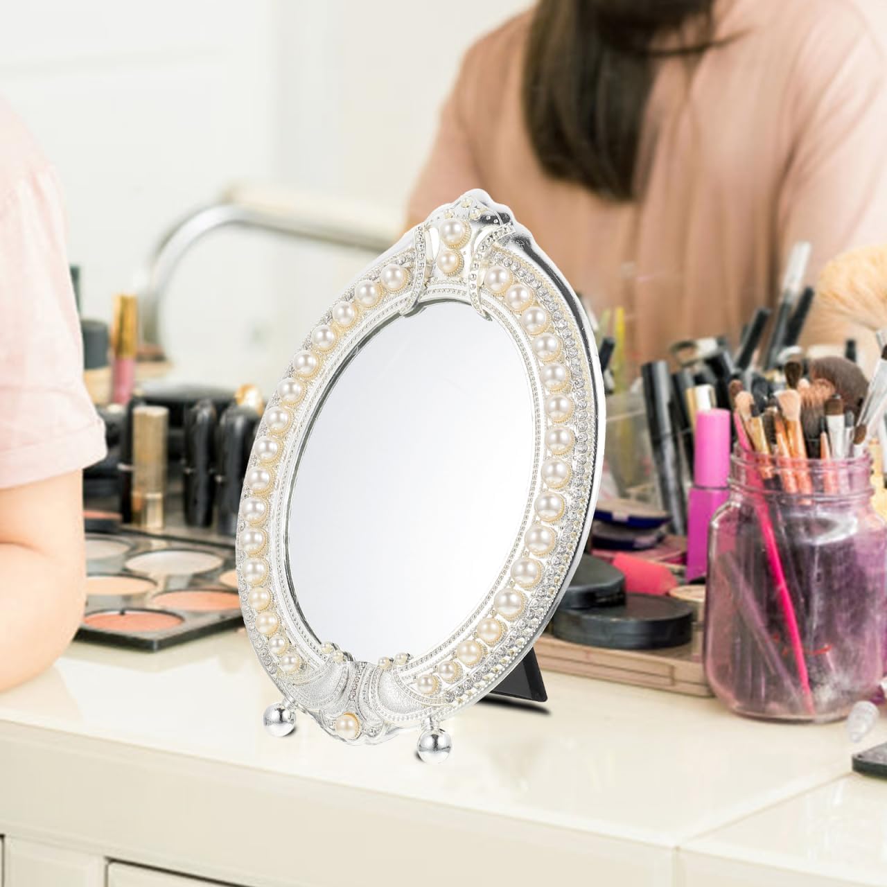 Hemoton Vintage Makeup Mirror with Retro Pearl Frame Desktop Vanity Mirror for Dressing Table High Definition Cosmetic with Stable Stand Elegant Room Decor