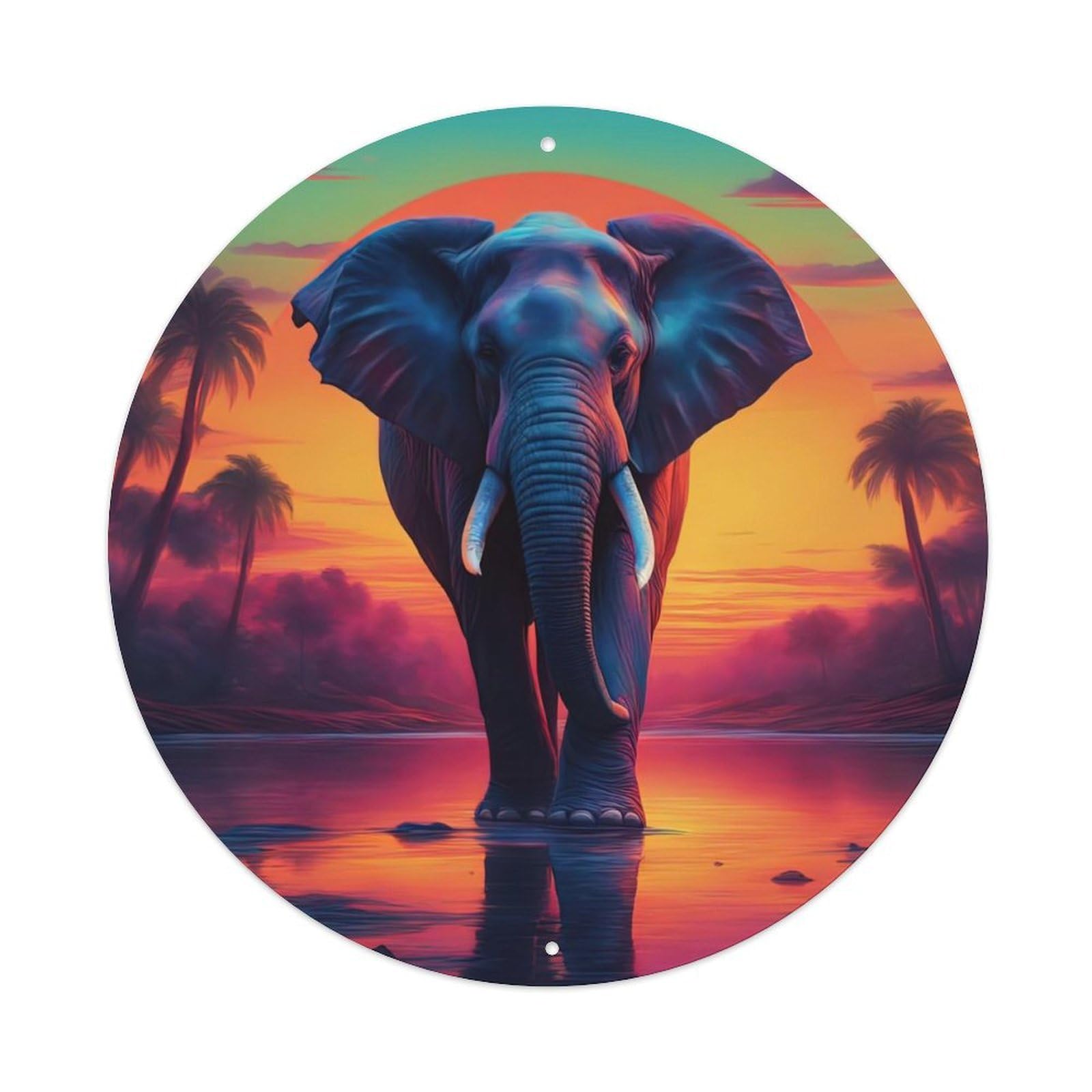 Animal Poster Elephants in The River Vintage Metal Tin Sign Plaque Wall Decor for Cafe, Club, Garden Round Metal Poster 8x8Inch