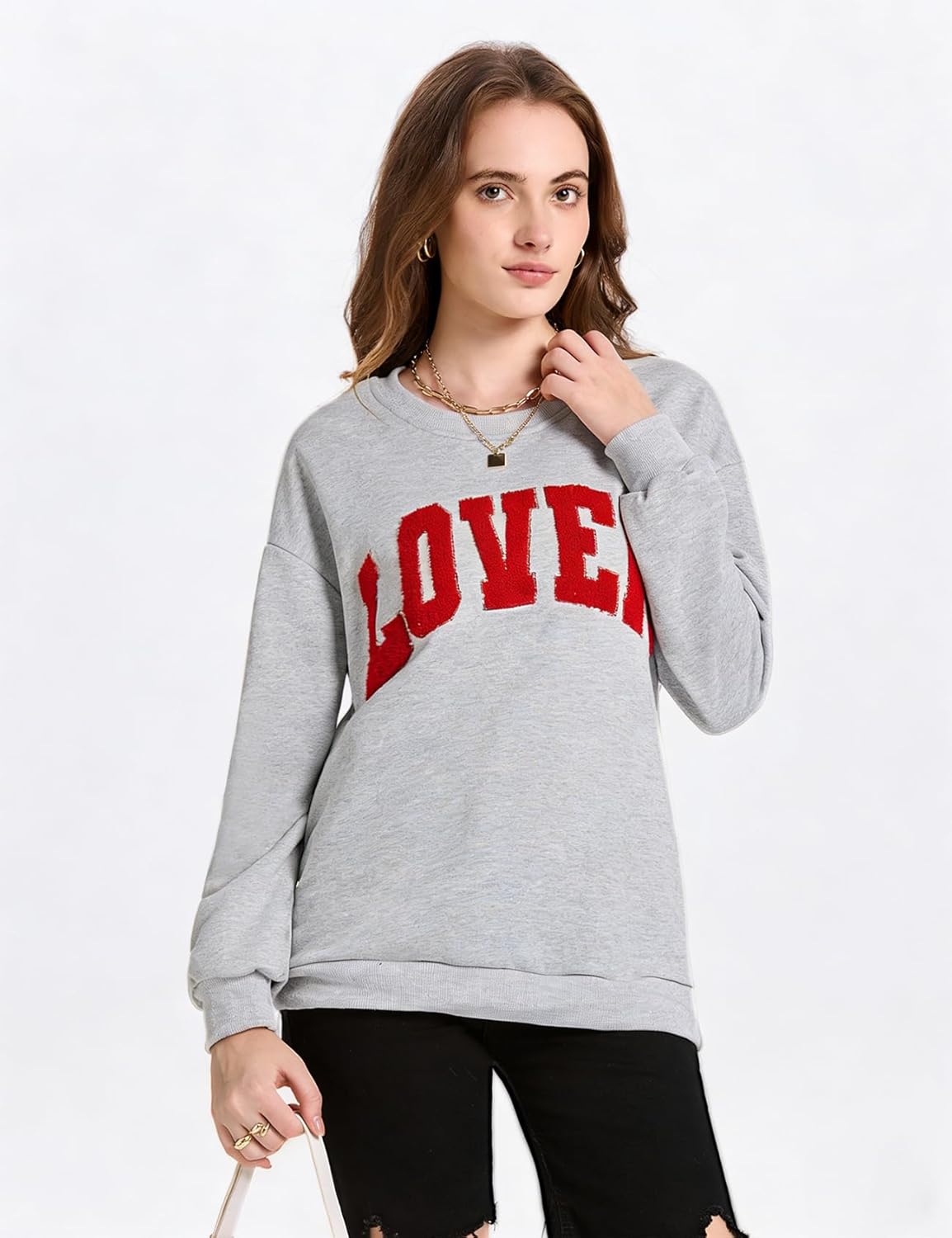 Wyeysyt Valentine Sweatshirt for Women Lover Letter Patch Crewneck Pullover Oversized Sweatshirts for Valentine's Day - Image 4