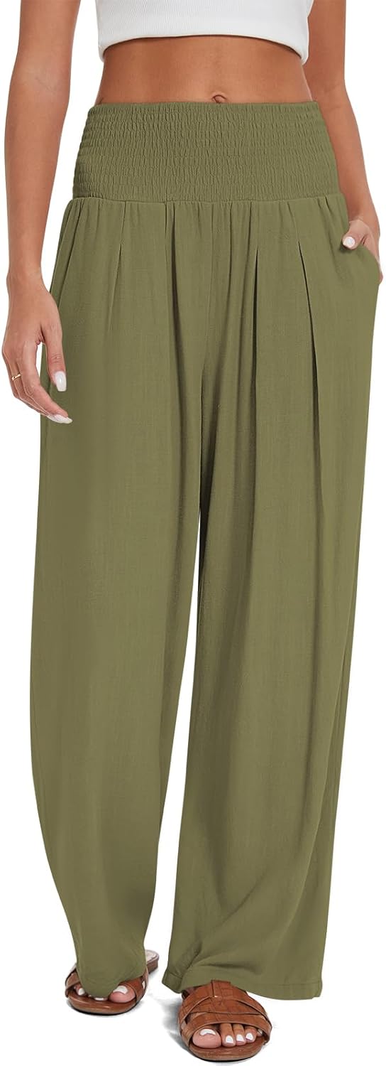UEU Women's Linen Palazzo Pants Wide Leg High Waisted Lounge Casual Beach Pants with Pockets - Image 2