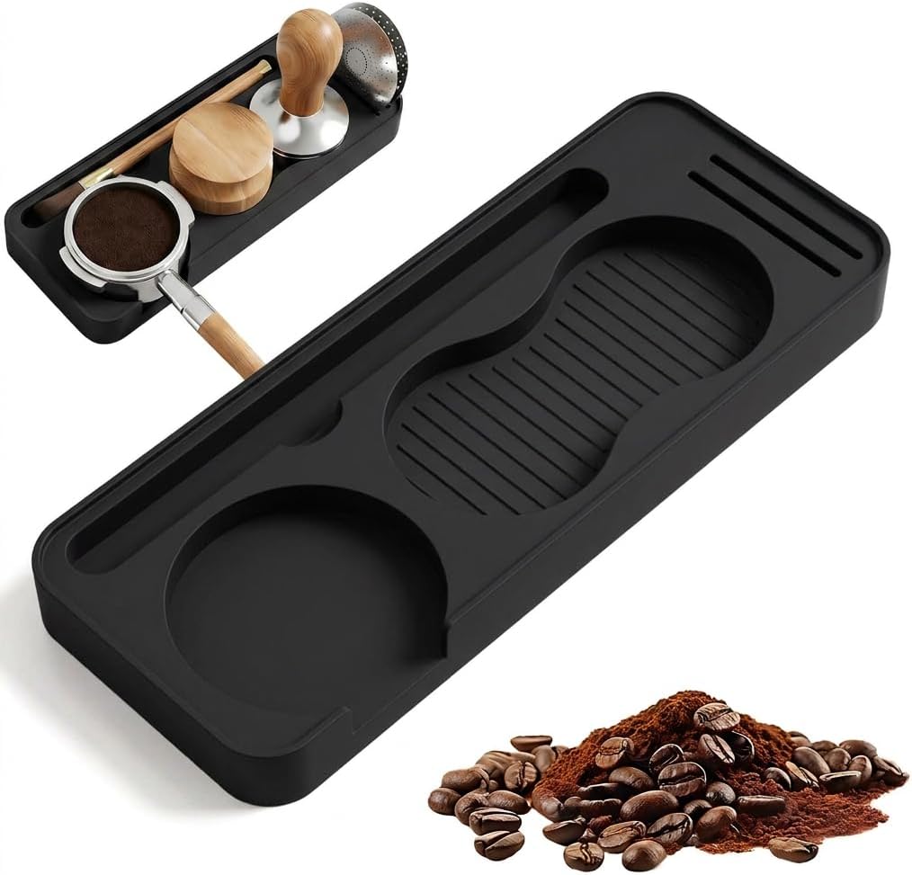 Espresso Tamping Mat, Silicone Coffee Tamper Mat for Countertop, Non-Slip Heat Resistant Portafilter Mat for Espresso Machine Accessories, Dishwasher Safe Tamp Station (9.45" x 3.7", Black)