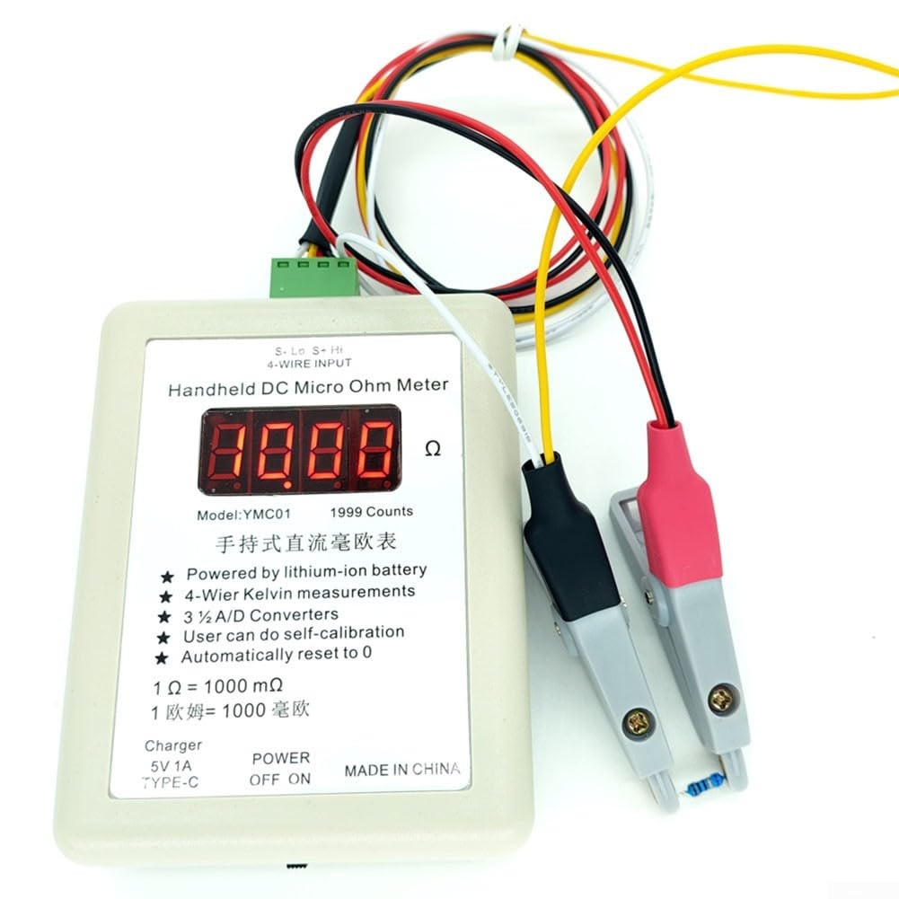 YMC01 Handheld-Gleichstrom-Milliohm-Messgerät, Vierdraht-Kelvin-Niedrigwiderstandsprüfer mit Typ-C-Aufladung, 2R/20R Bereich für Spule, Schalter und Relais-Tests (kleiner Clip 20R)