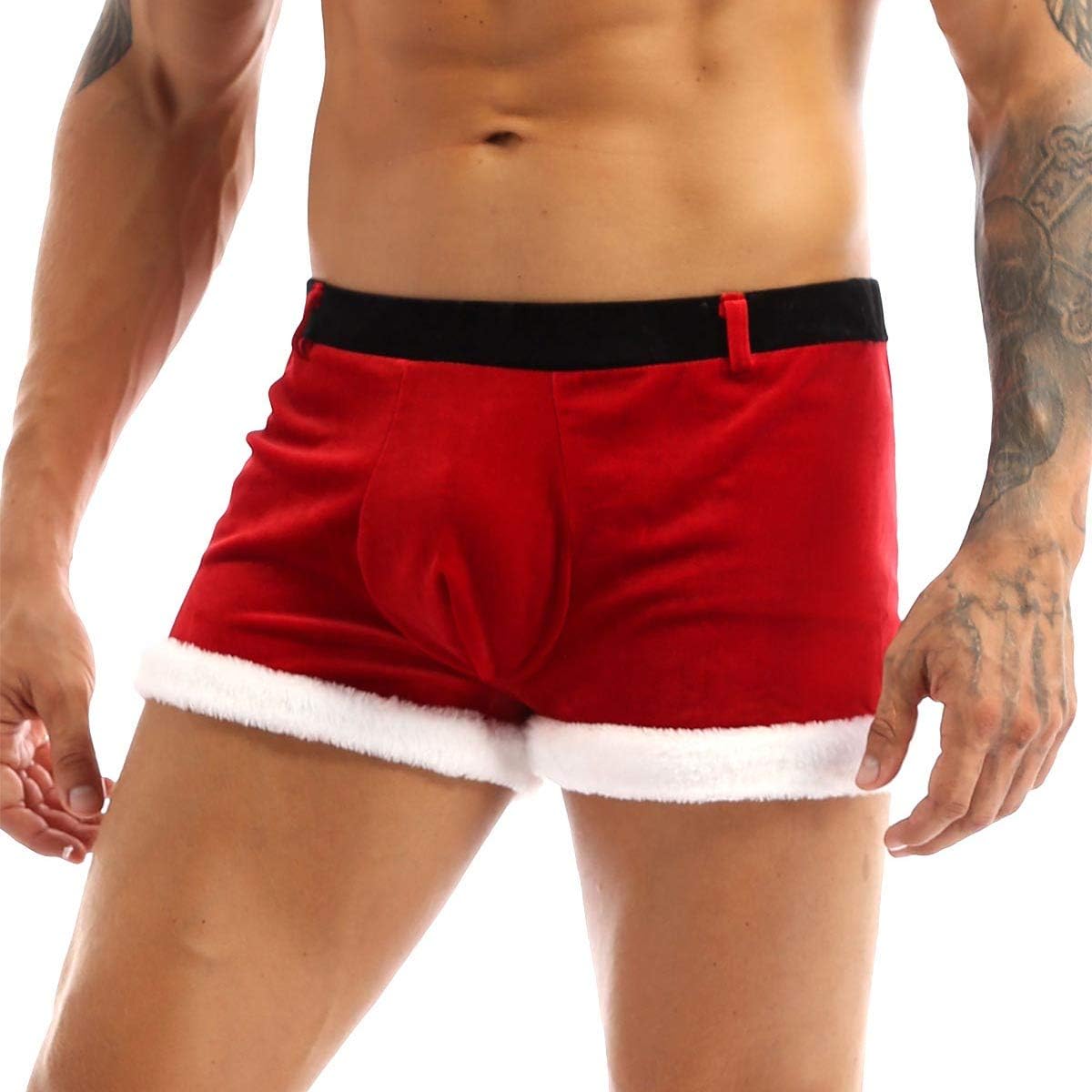 FEESHOW Men's Frilly Satin Holiday Elf Boxers Shorts Christmas Casual Underwear