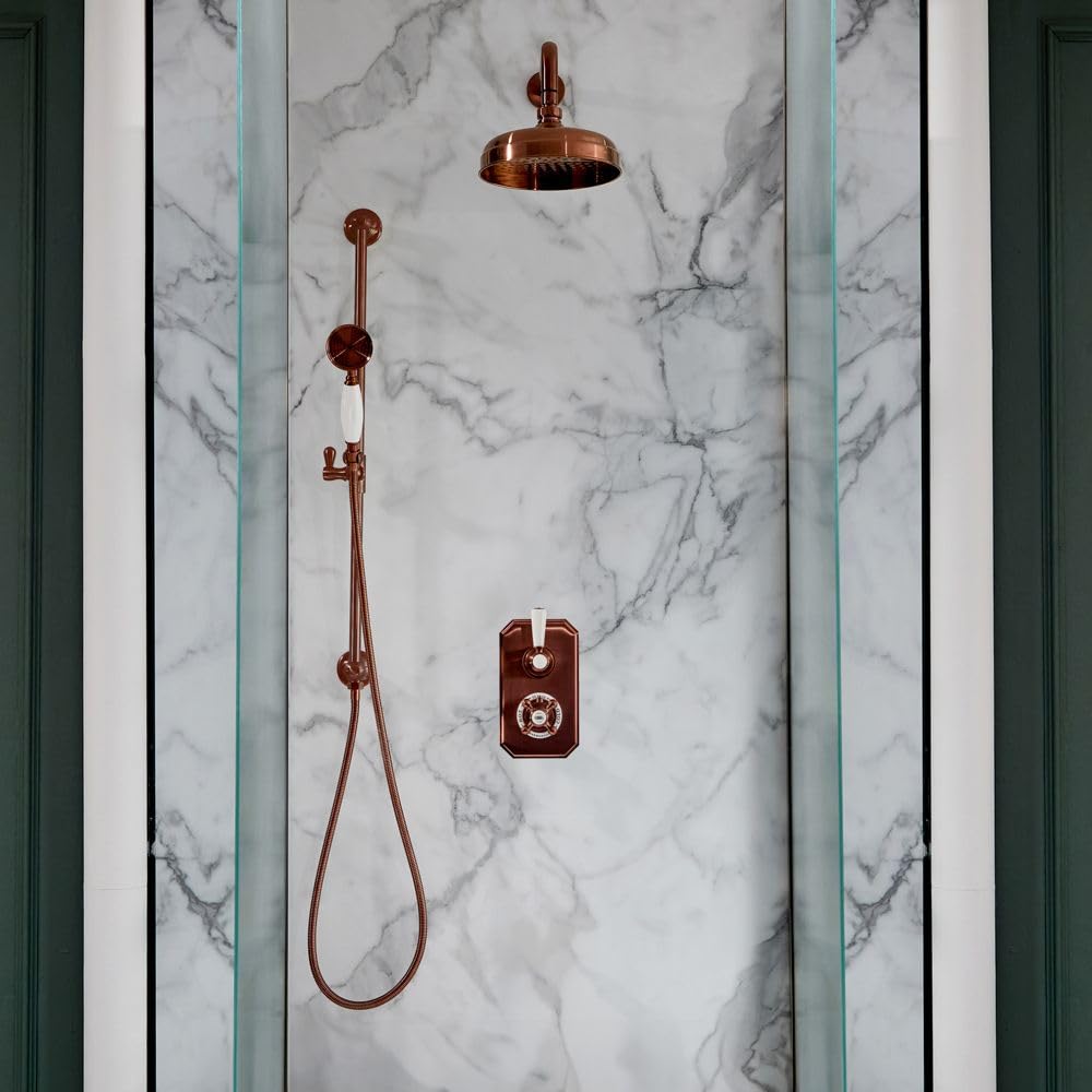 Milano Brushed Copper Elizabeth Thermostatic Mixer Valve 205Mm Shower Head Riser Rail - Copper