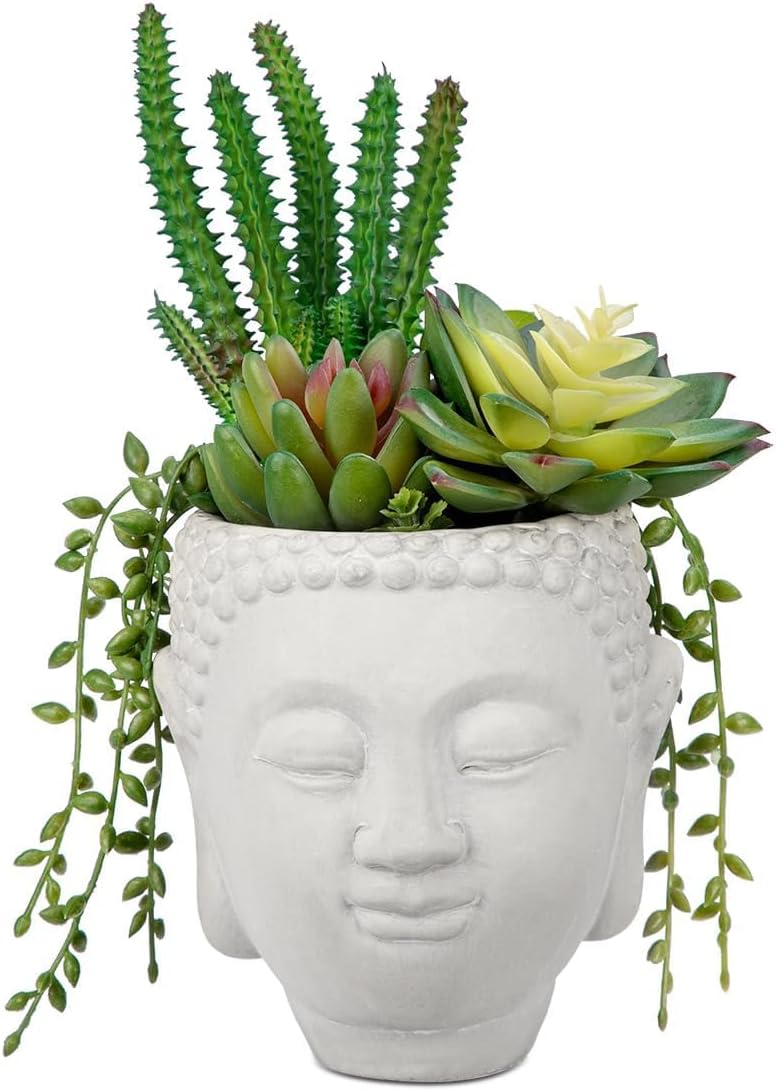 GnFlus Artificial Succulents Plants in Planter Buddha Head Zen Garden Fake Succulent Potted Plant for Home Office Desk Bathroom Shelf Living Room Indoor Outdoor Decor