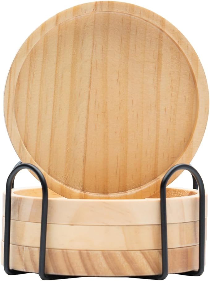 Ll.TOPWP Solid Wooden Coasters for Drinks with Holder,Coasters for Coffee Table,4 Pcs Coaster, Office Decor,Tabletop Protection for Any Table Type,4 Inches