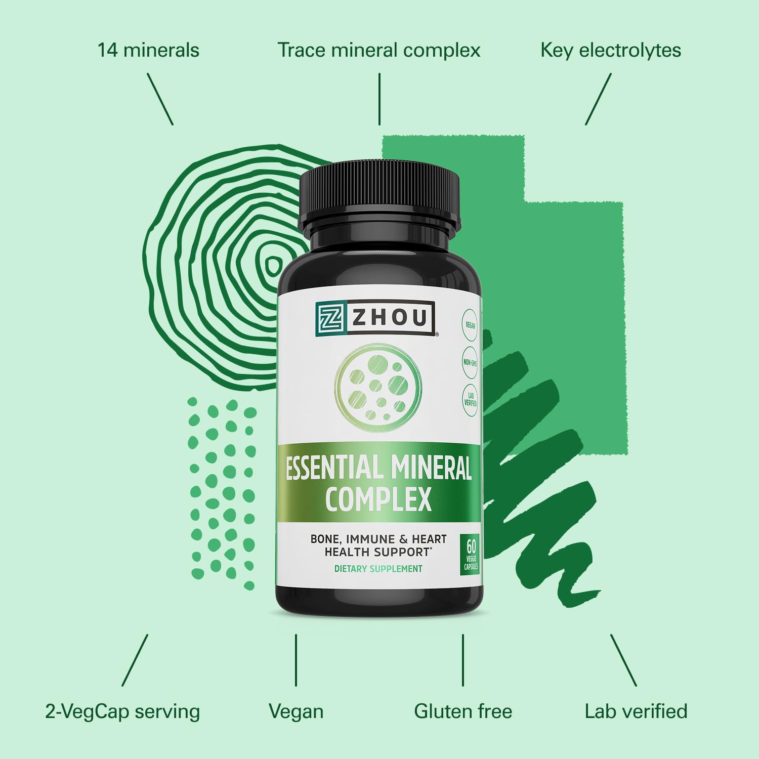 Zhou Essential Mineral Complex Full-Spectrum Minerals for Bone, Immune, Muscle, Heart & Antioxidant Support Vegan, Gluten Free, Non-GMO 30 Servings, 60 VegCaps — Amazon image 4
