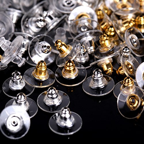 Senkary 150 Pairs Earring Backs Plastic Rubber Earring Backings Bullet Clutch Earring Stopper Findings With Pad, Silver, Gold And Clear (50 Pairs Each) #TOP3