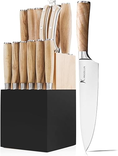 Natura Series - Juego de 15 bloques de cuchillos, acero inoxidable de alto carbono ultra afilado con mango de madera