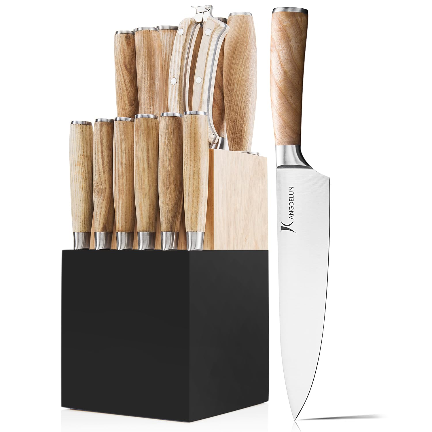 Natura Series 15 PCS Knife Block Set, Ultra Sharp High Carbon Stainless Steel with Wooden Handle