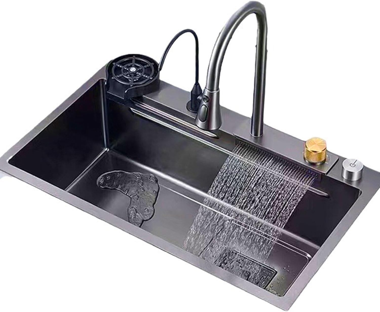 Inless - Fregadero de cocina de acero estilo granja, cuenco individual de cascada con grifo extraíble y accesorios y para el hogar moderno
