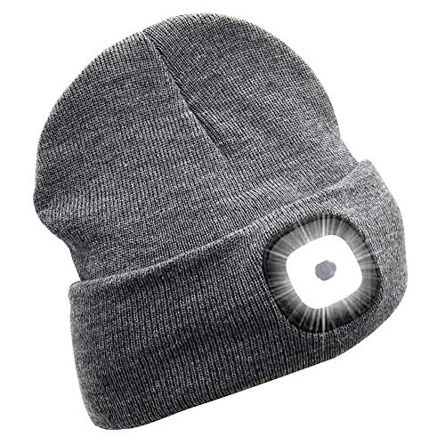 Adofect Extreme Bright Warm USB Rechargeable LED Knitted Headlamp Winter Beanie, Unisex LED Lighted Roll-up Brim Winter Hat with 8 Built-in Rechargeable LED Head Lights (Gray)