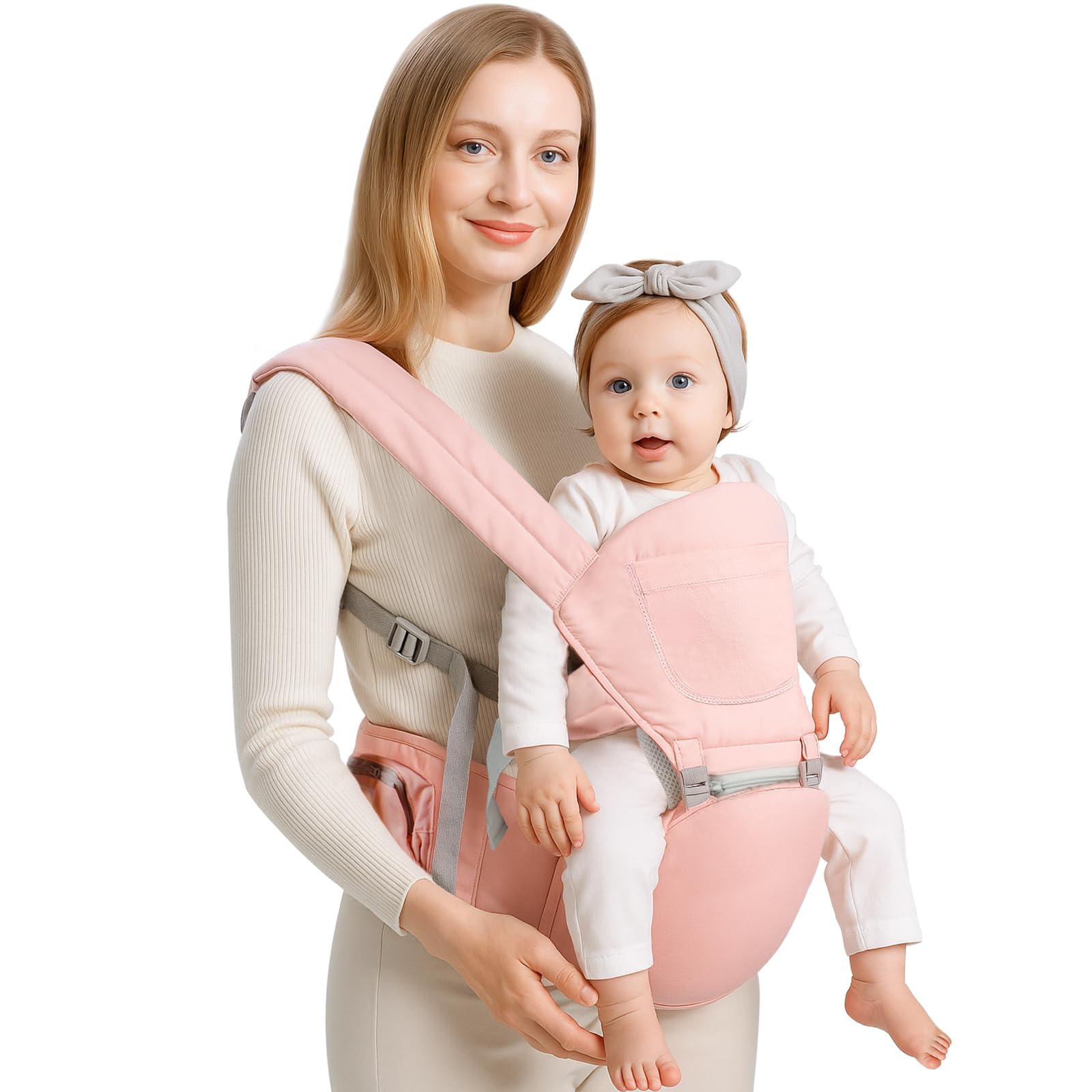 Baby Trage Neugeborene bis 20kg (0-36 Monate), Ergonomische 3-in-1 Babytrage & Baby Carrier für Hüfte Rücken & Front, Atmungsaktives Mesh & Hüftstütze Freihändig für Eltern(Rosa)