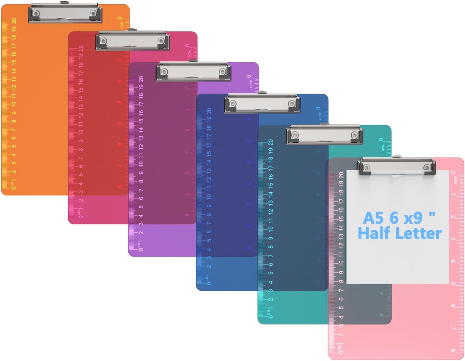 Macroclo Bulk A5 Clipboards Set of 6, Colored Clear Clip Board 5 x 7 for Classroom, Students, Kid, A5 Plastic Clipboards with Ruler, Size 6" x 9" with Low Profile Clip, Office & School Supply.