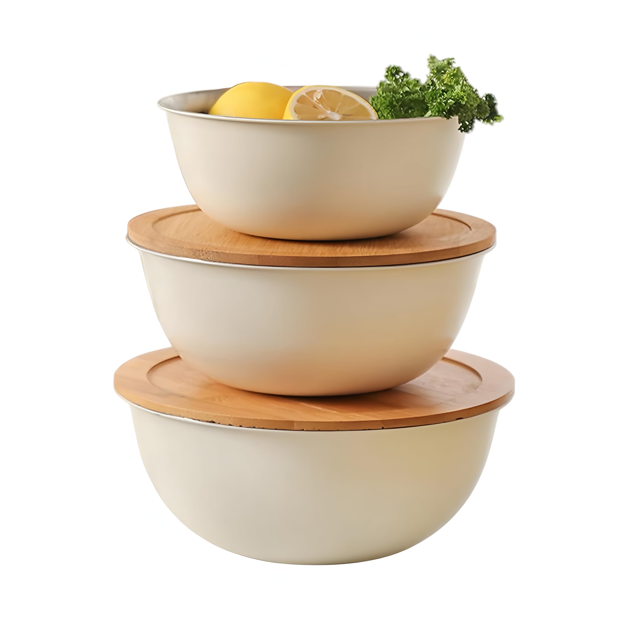 3-teiliges Schüssel-Set, Küchen-Schüssel-Set, Edelstahl-Schalen-Set 22 cm, 24 cm und 26 cm, Küchenschüssel mit Bambus-Deckel