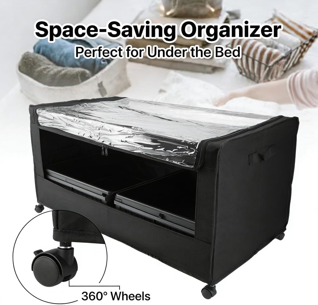 Rolling Bed Container with Lid, 80x43.5x16cm, Grey, 2pcs - Large Metal Storage Rolling Containers, Wheels for Easy Pull Out, Versatile Organizer for Clothes and Bedding (2pcs)