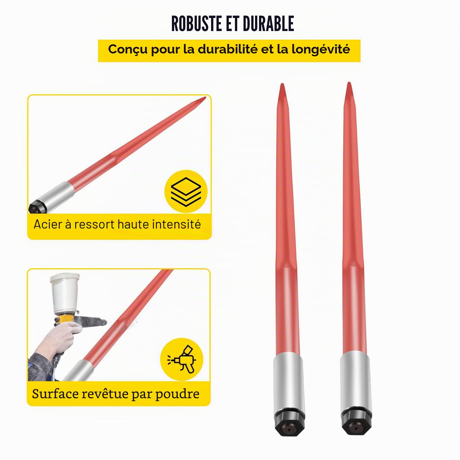 VEVOR Lance à foin, 110 cm, 2PCS lances à balles de foin carrée, pointe à balle fixation rapide, capacité 1360 kg, fourches à balle revêtement rouge, écrou hexagonal manchon pour tracteurs, chargeurs
