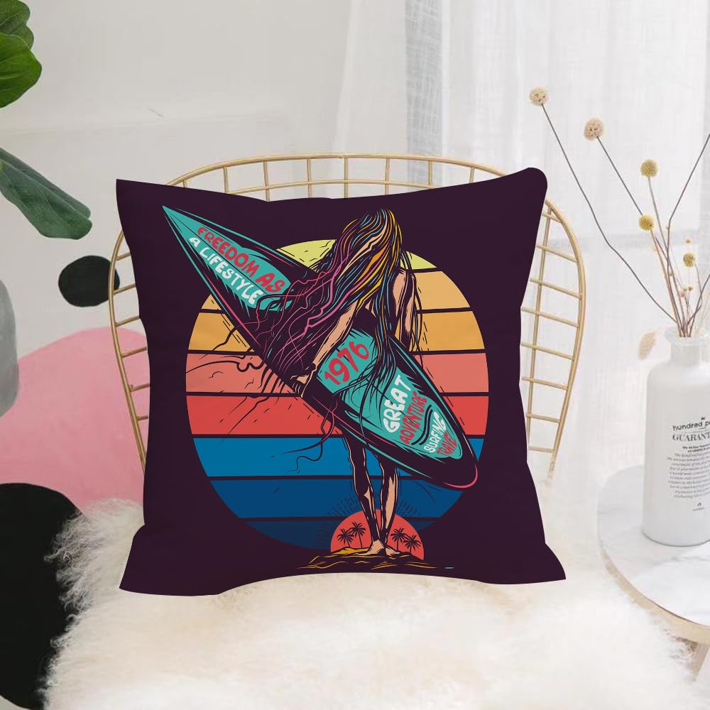 HYOSXW Cushion Cover,Throw Pillow Case Home Decorative for Living Room Bedroom Sofa Chair 16X16 Inch,Original vector illustration in retro neon style girl going to the sea with sur,Pillowcase 40X40cm