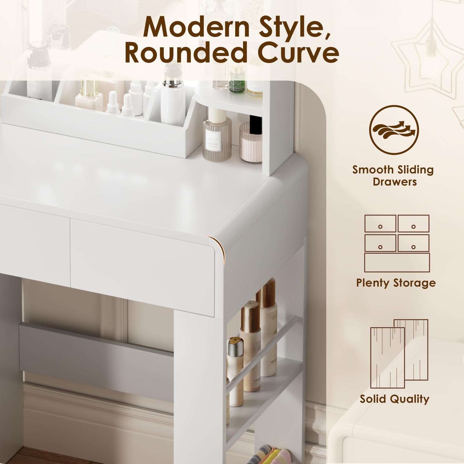 Vanity Table for Girls, Compact Vanity Desk with Side Shelf Storage Space, Dressing Table in Bedroom, Modern Round Curved Design, White