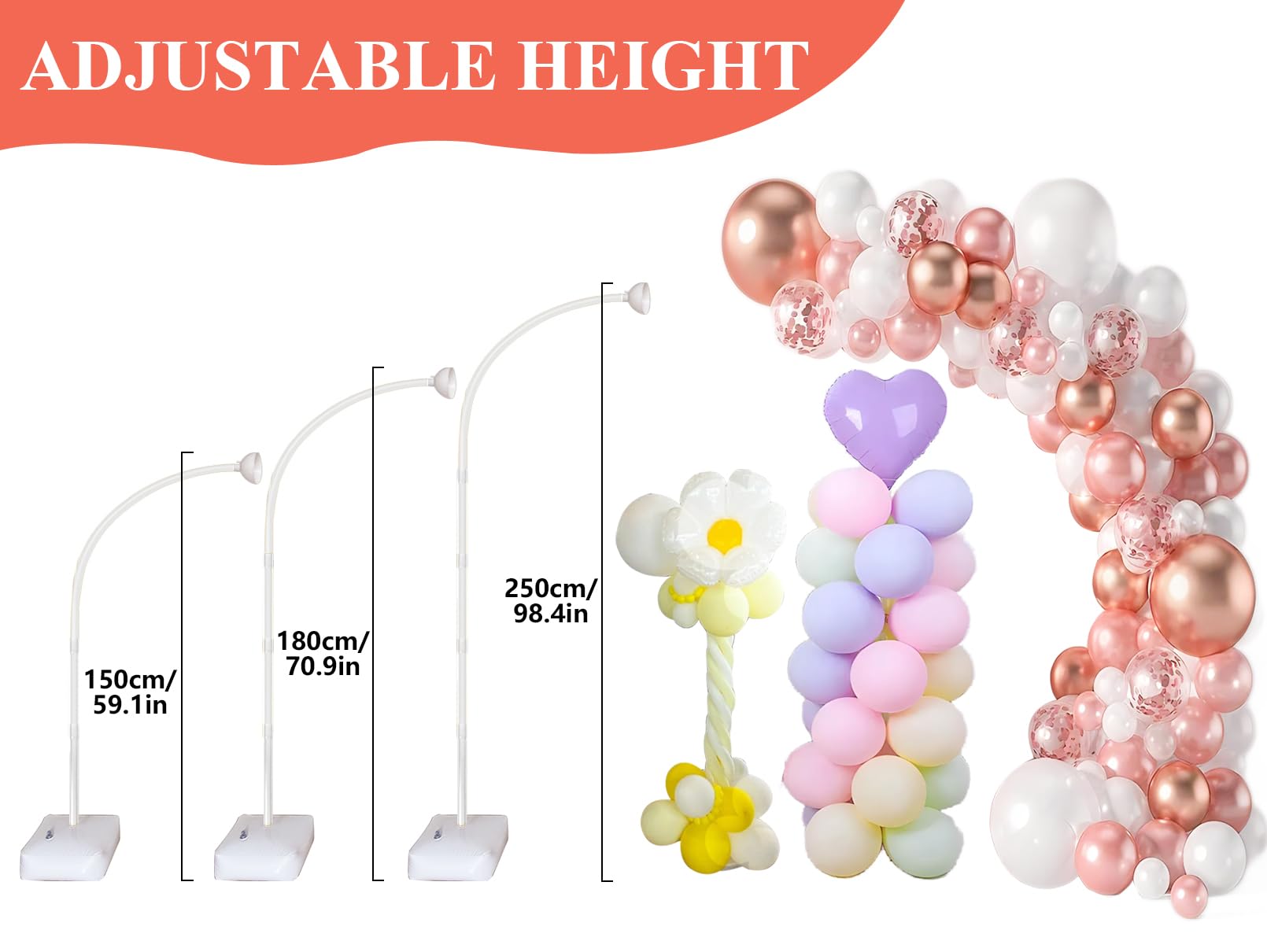 Supporto per arco per palloncini regolabile da 8 a 6 piedi, con base per palloncini, flessibile, con supporto per compleanno, matrimonio (bianco)