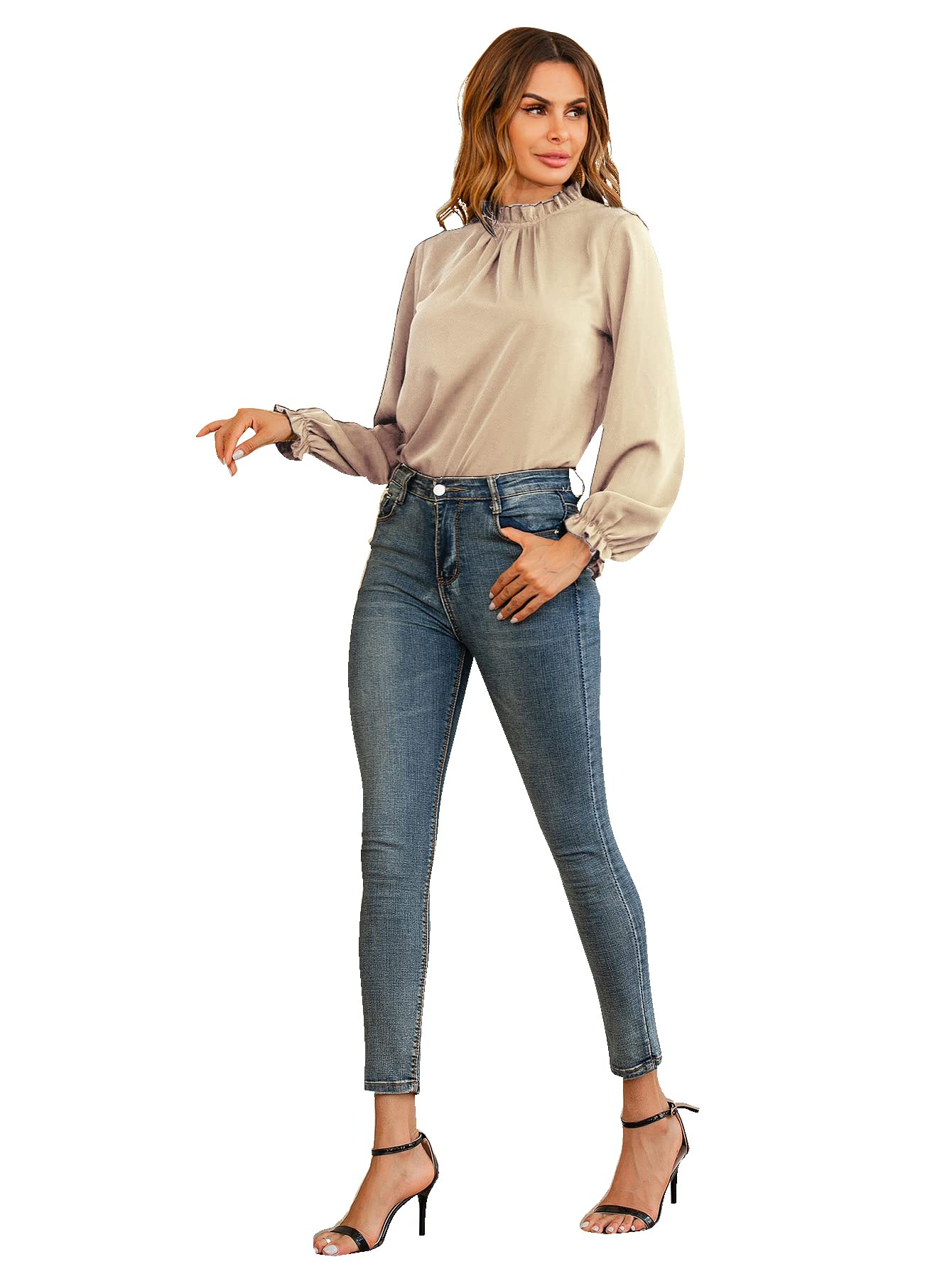 LYANER Women's Frill Mock Neck Flounce Long Sleeve Solid Blouse Office Shirt Top