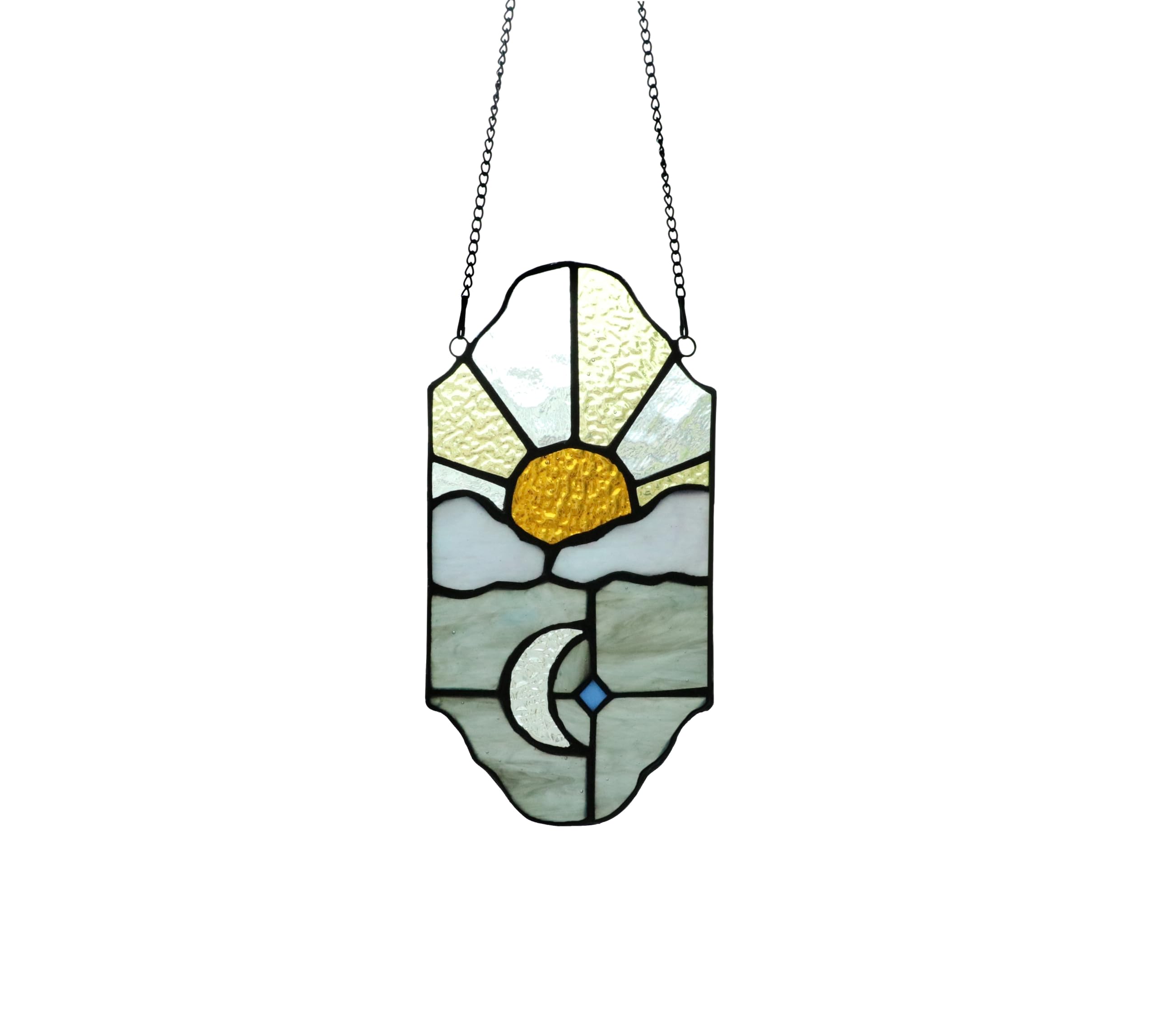 Sun and Moon Suncatchers Decor Stained Glass for Window Hangings,Handcrafted Tiffany Style Stained Glass Art Sun and Moon in The Sky for Living Room Bedroom Balcony (Silver&Yellow)