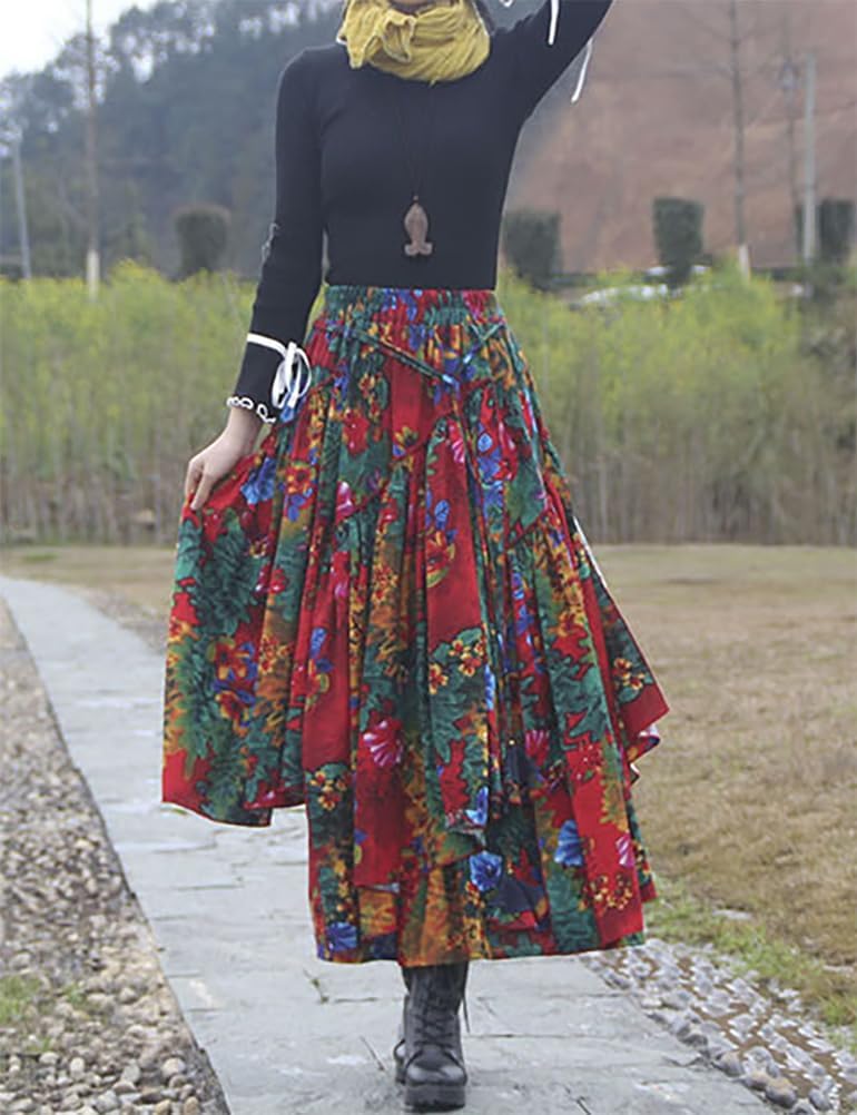 IDEALSANXUN Womens Elastic Waist Aline Cotton Lined Retro Maxi Hem Pleated Long Skirts - Image 2