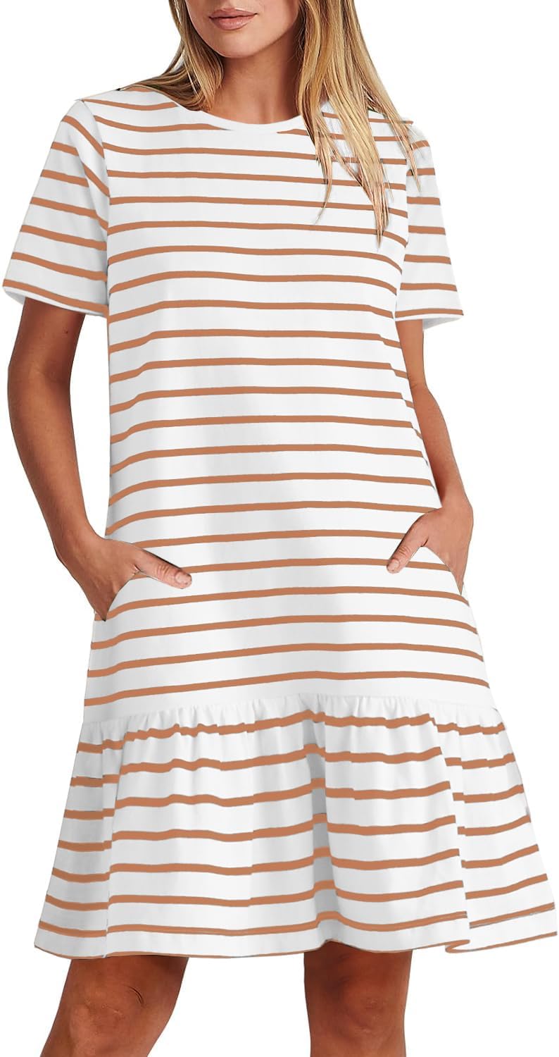 MITILLY Women's Casual Summer T Shirt Dress 2026 Striped Loose Short Sleeve Tunic Dress with Pockets