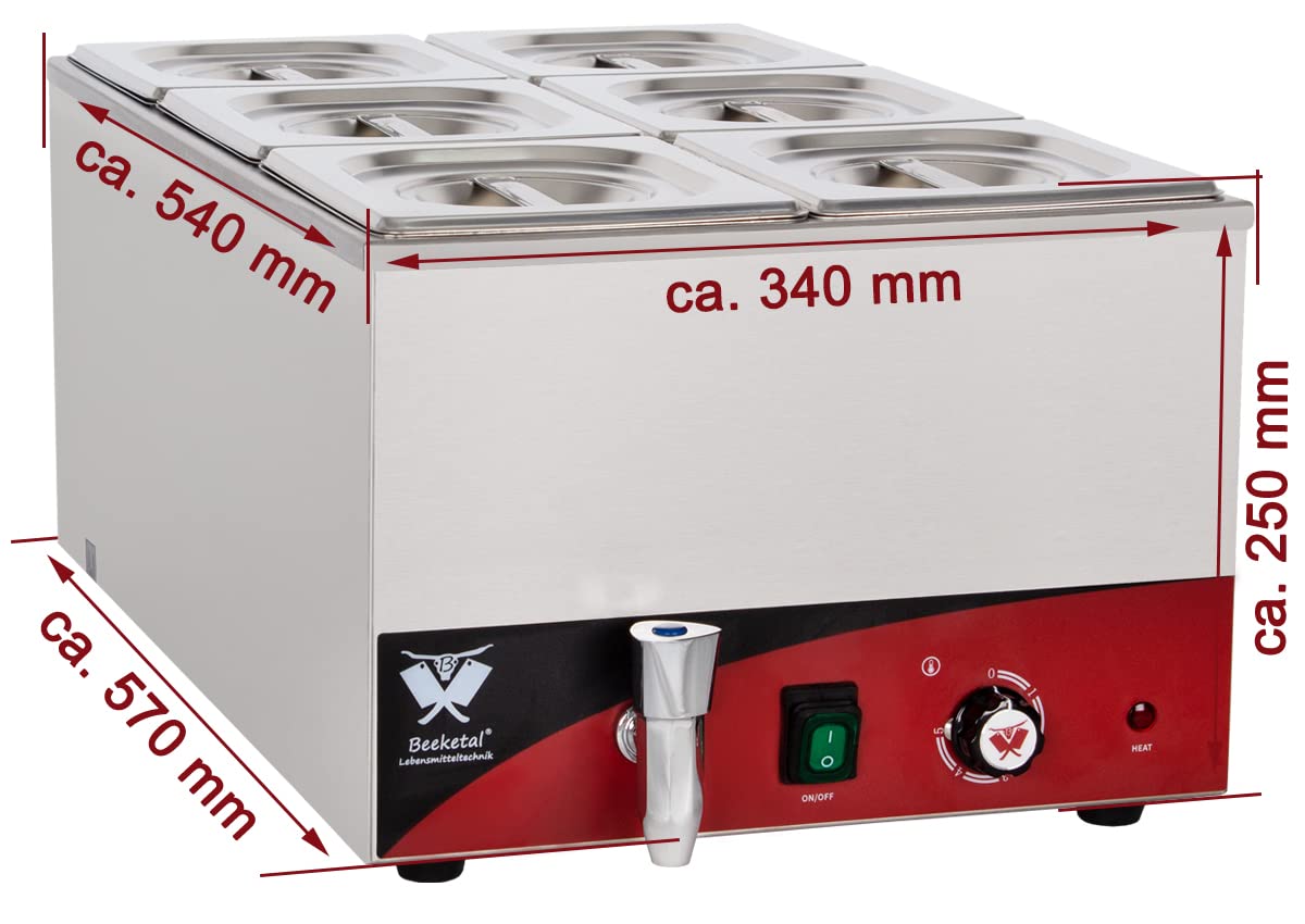 Beeketal 'BBM-6' Gastronorm Bain Marie mit Ablaufhahn, Profi Gastro Speisewärmer inkl. 6 x (GN) 1/6 Edelstahl Gastronorm Behälter mit Deckel, Wasserbad Temperatur einstellbar von 35-65 °C