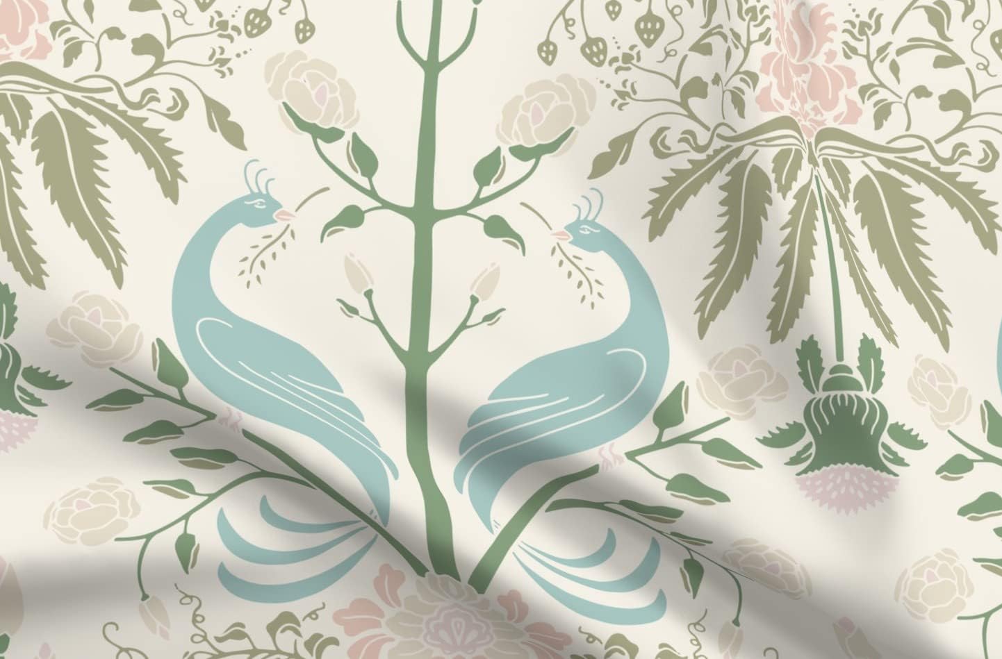 Spoonflower Fabric - Birds Floral Damask Bird Flower Cream Peach Peacock Sage Printed on Upholstery Velvet Fabric Fat Quarter - Upholstery Home Decor Bottomweight Apparel