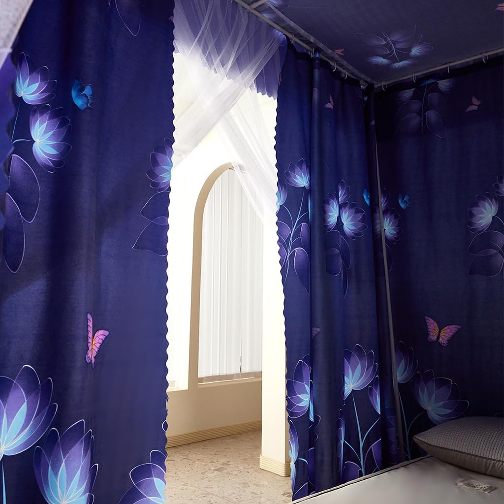 Navy-Butterfly Pattern Princess 4 Corner Post Bed Canopy Curtain Canopy for Girls Boys Bed Adult Bedroom for Twin/Full/Queen/King Size Bed Decoration (Navy, Queen)