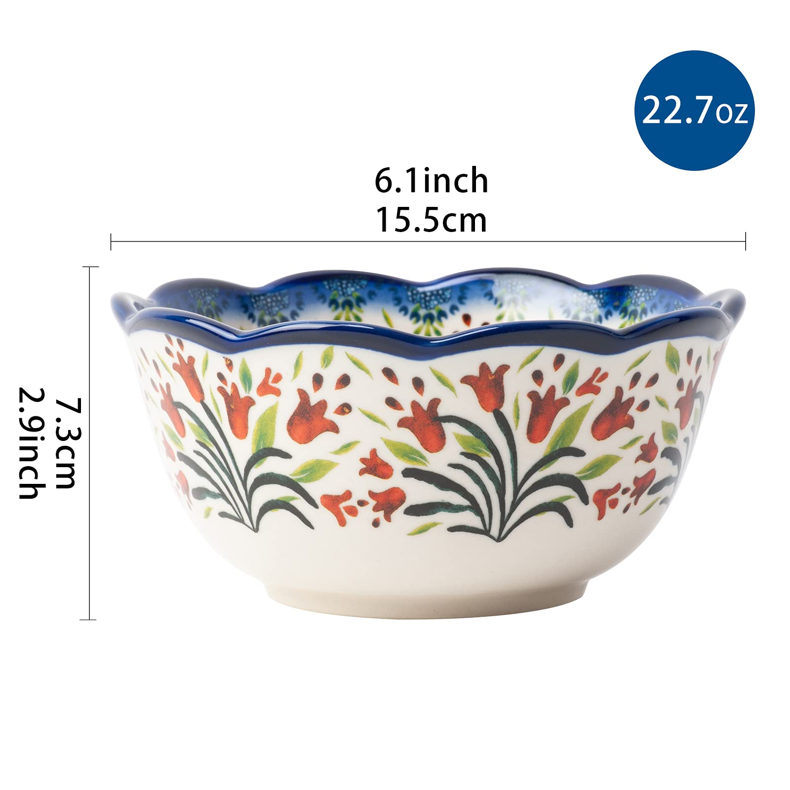 Müslischalen aus Keramik, 15.2 cm, Servierschüsseln, 4 Stück, ideal als Müslischalen, Suppen, Snacks, Reis- und Salatschüsseln, 590 ml, Vintageblau (die Tulpe)