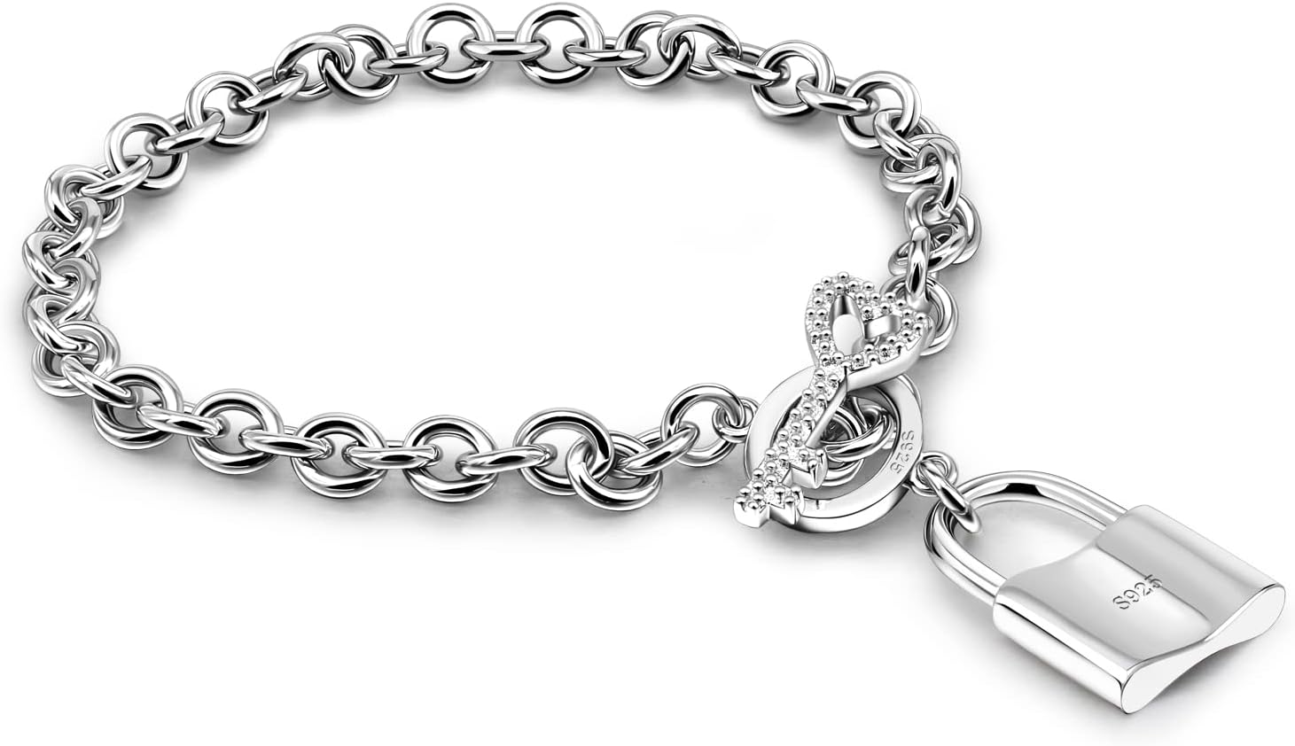 H&Beautimer 925 Sterling Silver Bracelet For Women's - Italian Handmade Rolo Chain 6.3, 6.7, 7.1, 7.5, 8 Inch - AAAAA CZ Zircon Heart/Lock Pendant Bracelet - Fine Jewelry