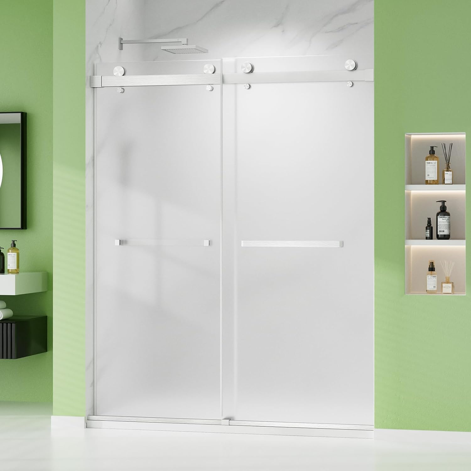 Shower Door 60" W x 76" H Double Sliding Door Frosted Shower Door with 3/8" (10mm) SGCC Ultra-Clear Glass, Brushed Nickel