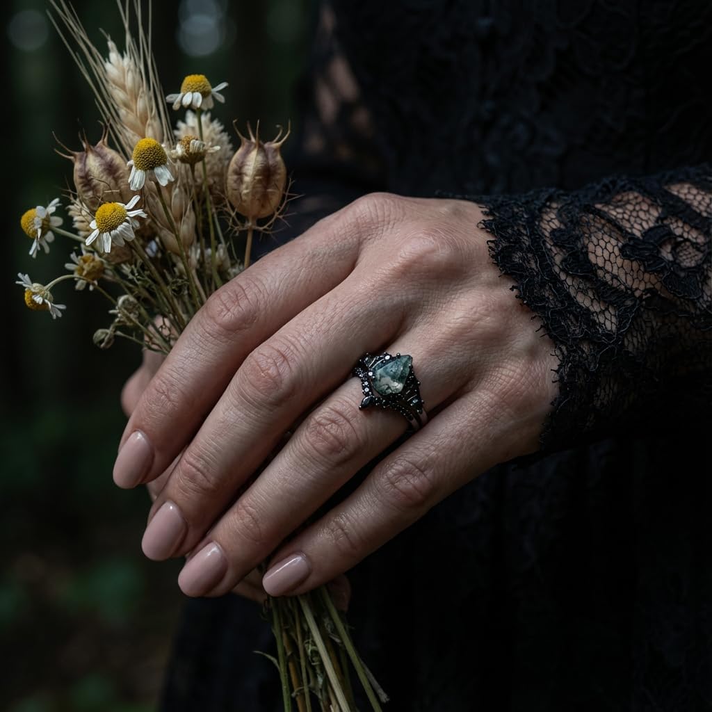 Natural Moss Agate Engagement Black Ring Set for Women Customizable 10K /14K /18K Solid Gold Gothic Promise Wedding Stacking Rings Free Engraving Size 4-15
