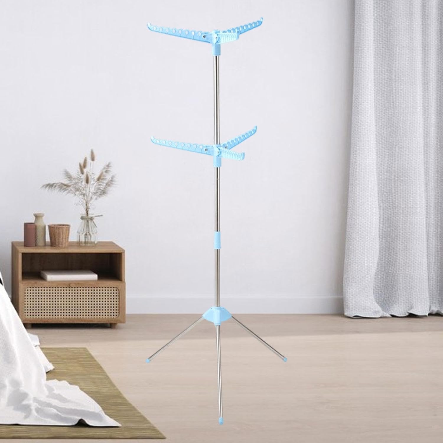 Tripod Drying Rack for Clothes, Foldable Hanger for Garments and Linens, Blue 2 Layer