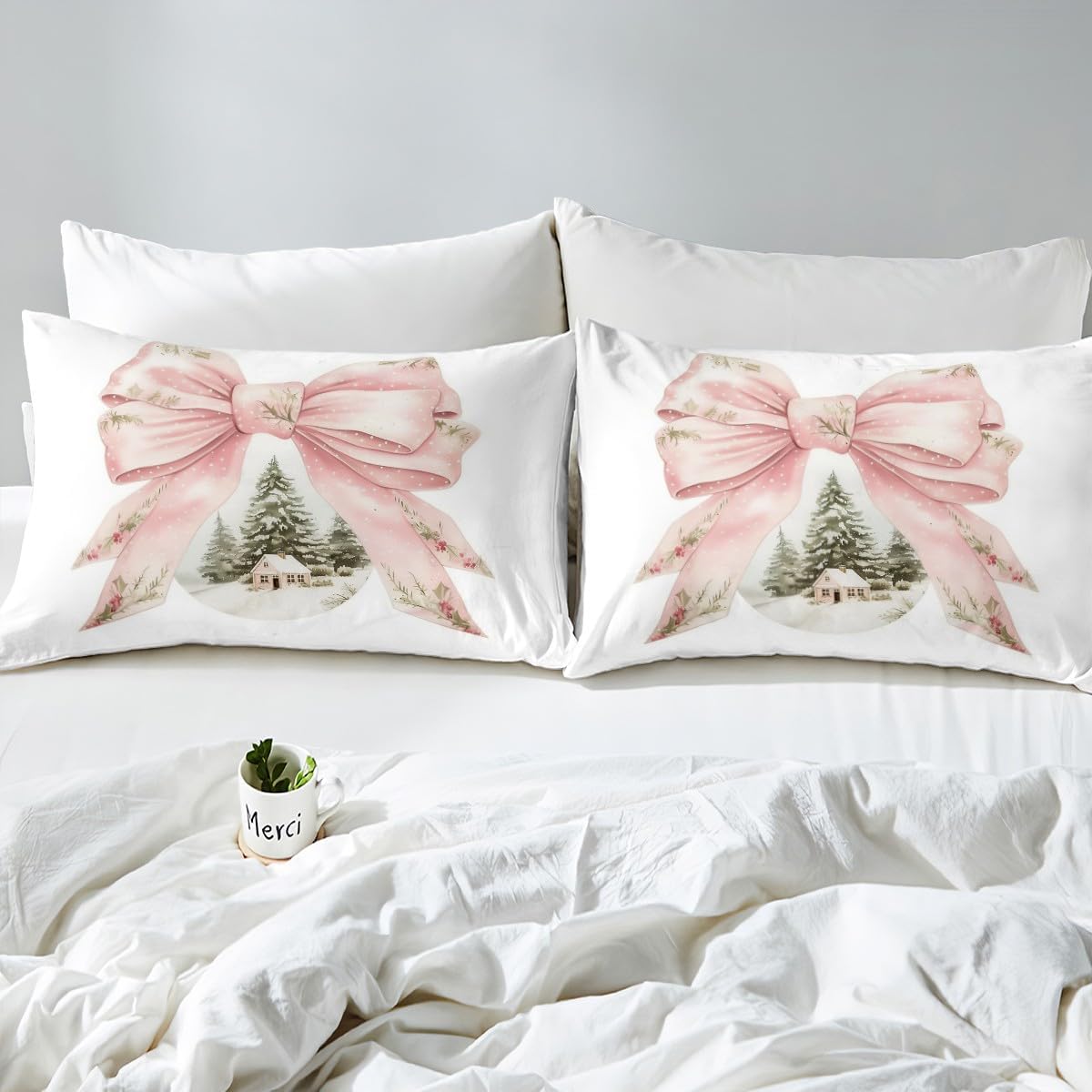 Erosebridal Preppy Christmas Fitted Sheet, Pink Bow Christmas Tree Decorations Bedding Set Pink Christmas Butterfly Knot Bed Sheets, Xmas Winter Theme Sheets with 2 Pillow Cases, Queen