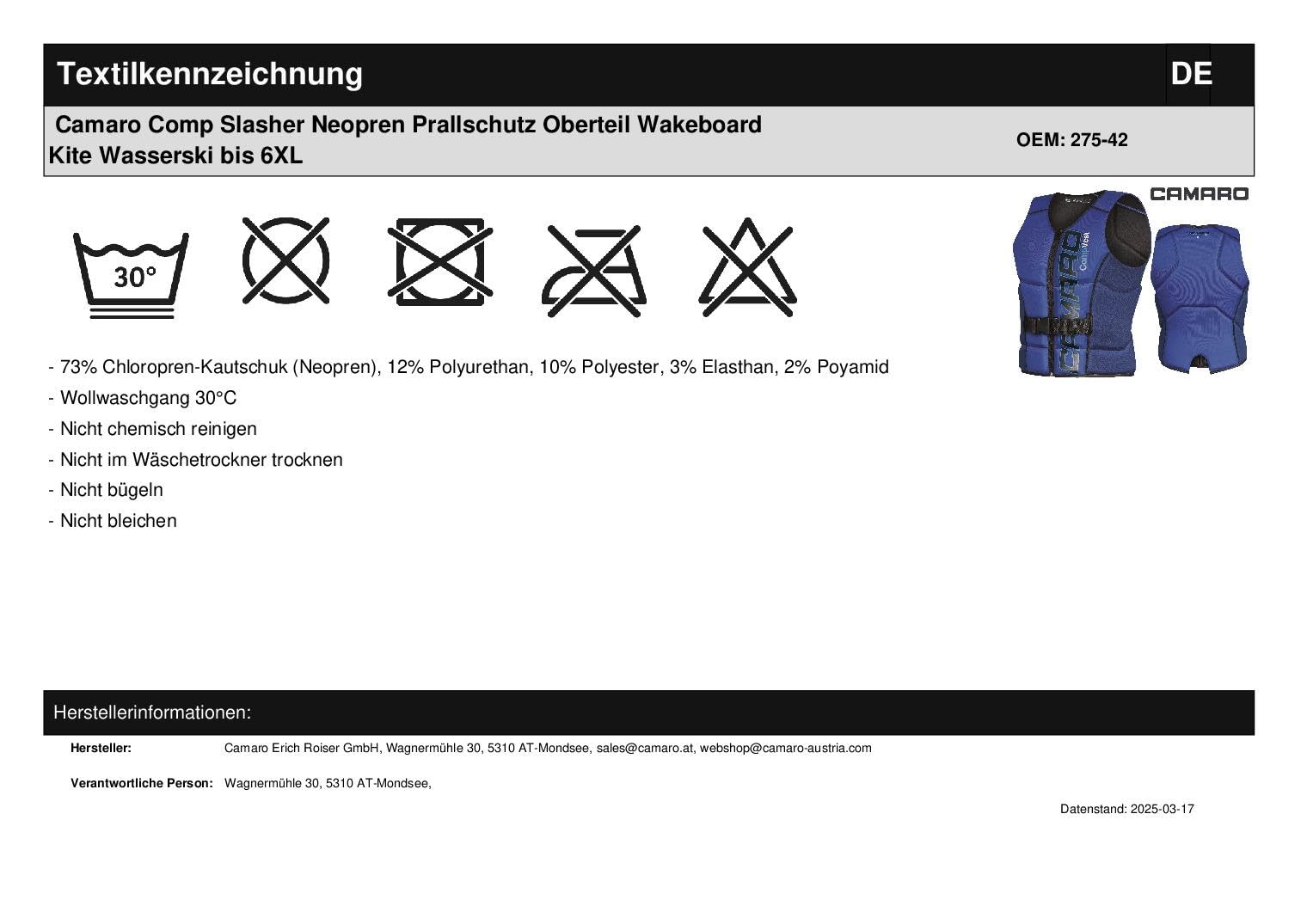 Camaro Comp Slasher Neopren Prallschutz Weste Wakeboard Kite Wasserski Black/Blue