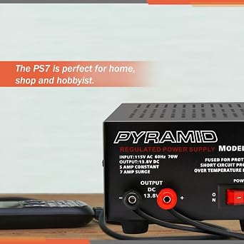 Pyramid Universal Compact Bench Power Supply - 5 Amp Linear Regulated Home Lab Benchtop AC-to-DC 12V Converter w/ 13.8 Volt DC 115V AC 70 Watt Power Input, Screw Type Terminals, Cooling Fan - PS7KX