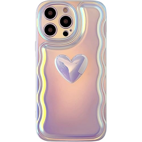 Qokey for iPhone 12 Pro Max Case 6.7 inch,Cute 3D Love Heart Wave Frame Soft TPU Sparkle Bling Laser Colorful Light Glitter Phone Case for iPhone 12 Pro Max for Women Girls Purple