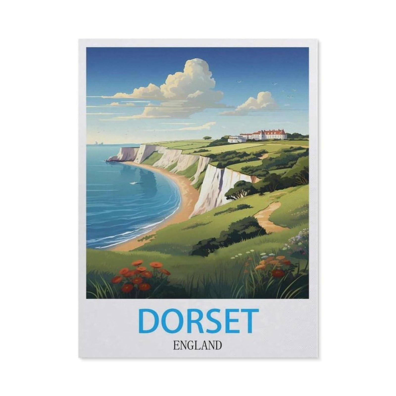 Beayodkp （40 X 50 Cm/15.74 X 19.68 Inches） Diy 5D Diamond Painting，Dorset England Vintage Travel Poster，Round Diamond, Used For Room Decoration-Cg87
