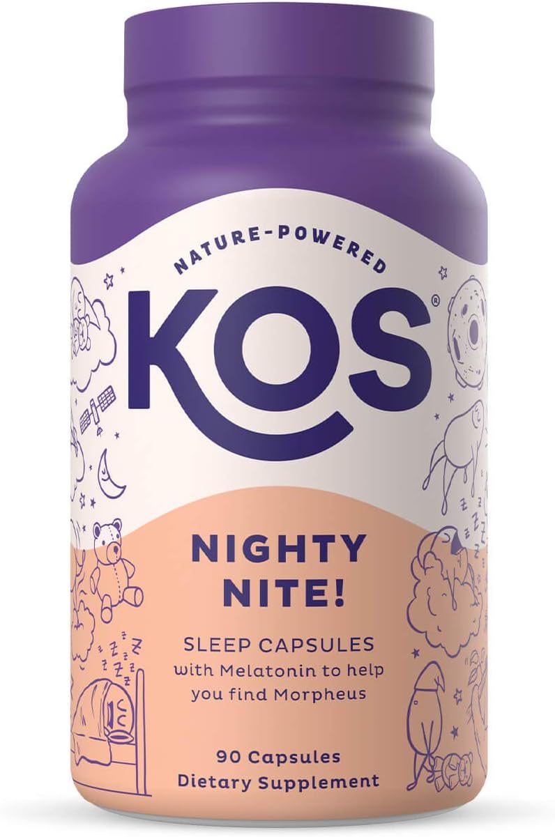 KOS Nighty Nite! Sleep Capsules - Melatonin 5Mg + L Theanine 102 Mg Natural Sleep Aid - Faster & Long-Lasting Sleep, Stress Relief - Ashwagandha, Gaba, Glycine - 90 Capsules