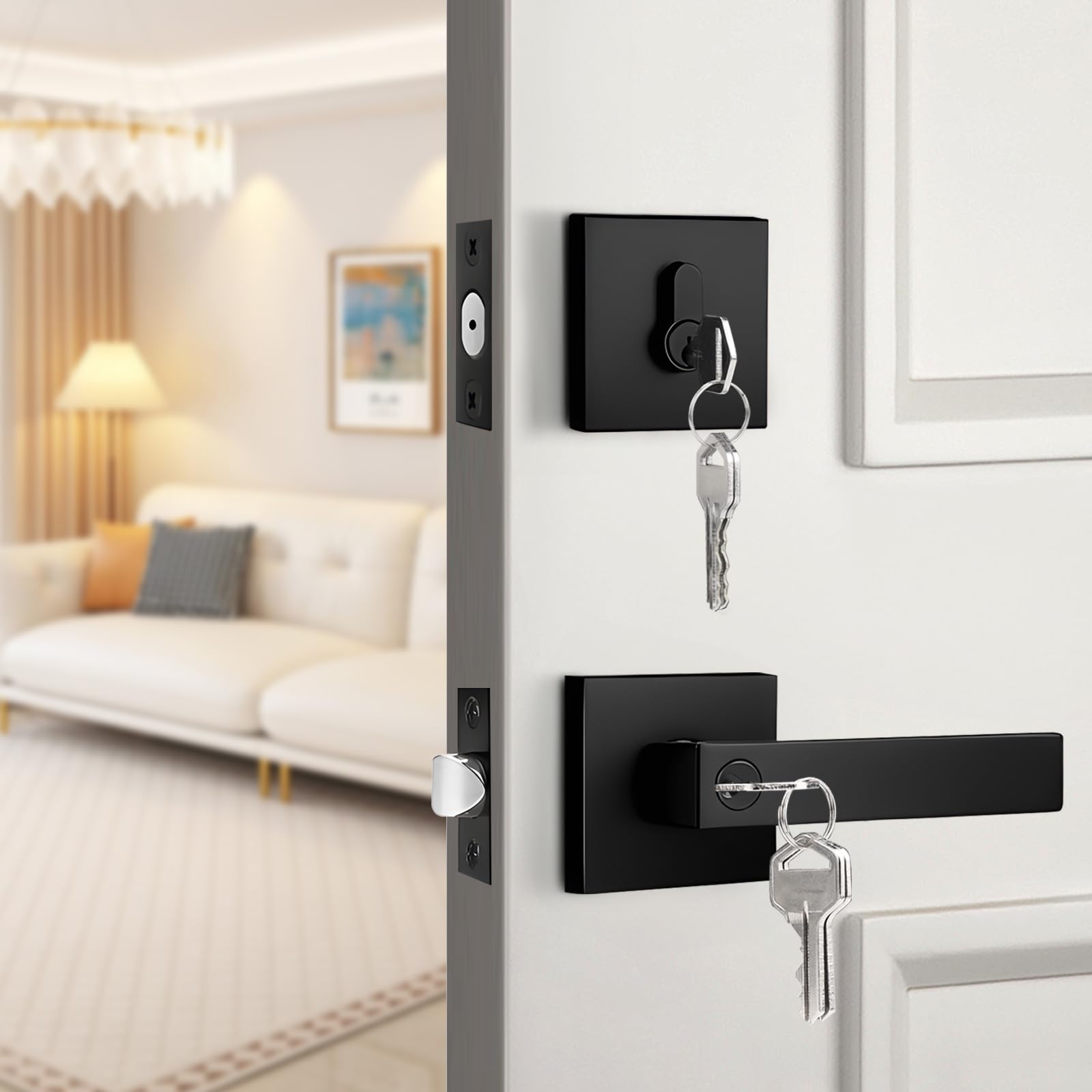 Probrico Juego de cerraduras de puerta exterior de color negro mate con cerrojo de seguridad, manija de entrada de puerta delantera y cerrojo de doble cilindro, palanca de puerta cuadrada con