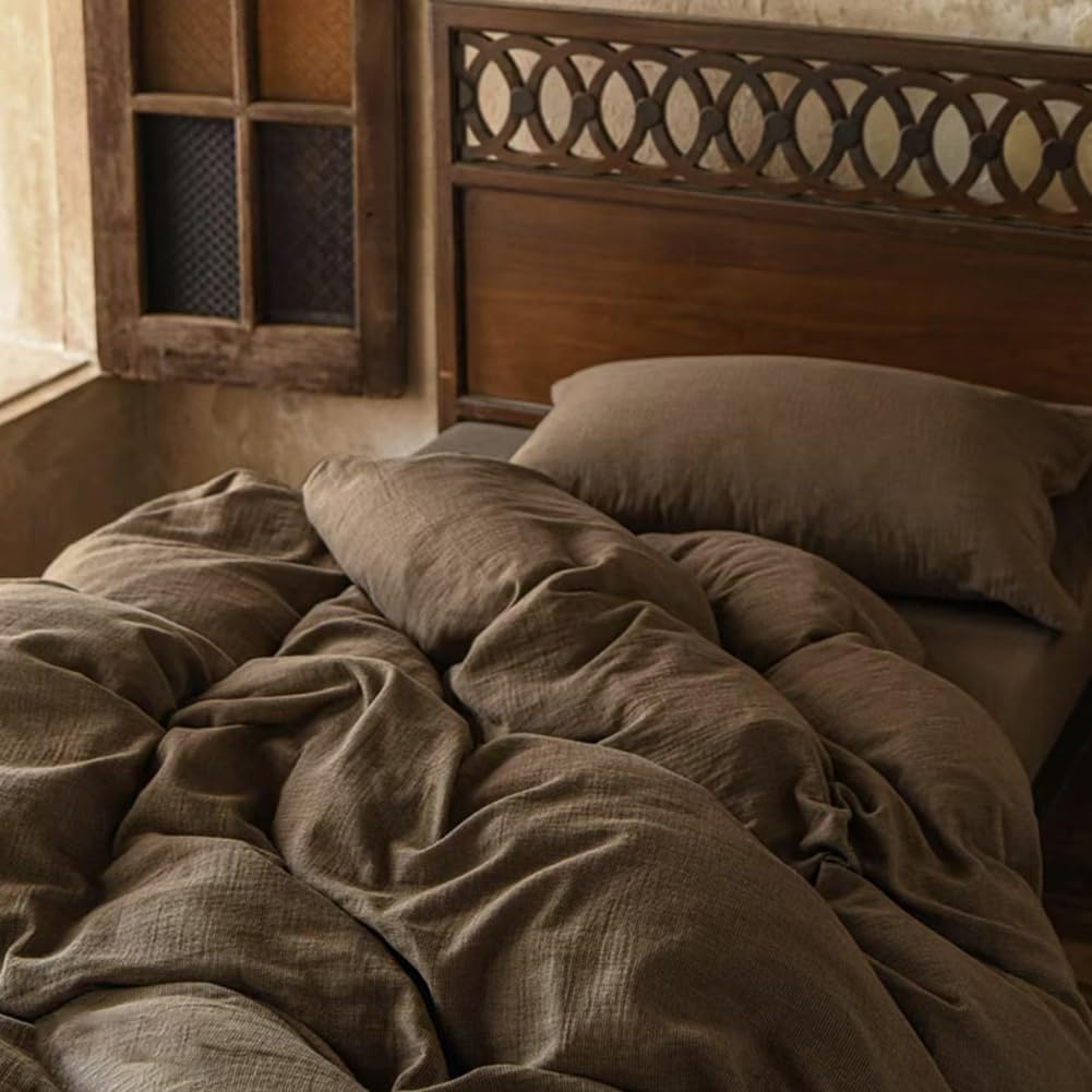 100% Muslin Cotton Textured Duvet Cover Queen Size, 2-Layer Small Gingham Checked Lightweight and Breathable Muslin Bedding, Linen Like Gauze Comforter Cover Set (Tan Gingham, Queen)