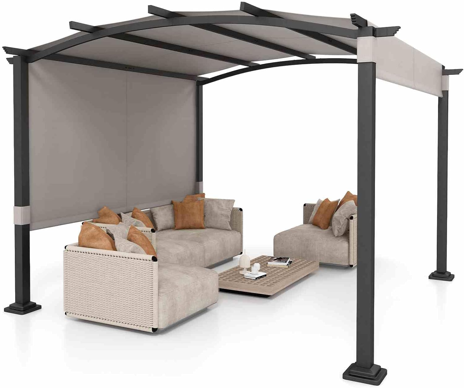 Costway 3x3M Outdoor Pergola w/Retractable Sunshade Canopy, Anchored Plates, Adjustable Roof, Metal Frame, Modern Arched Patio Garden Shelter, Backyard Deck Porch Metal Pavilion Grill Gazebo (Grey)