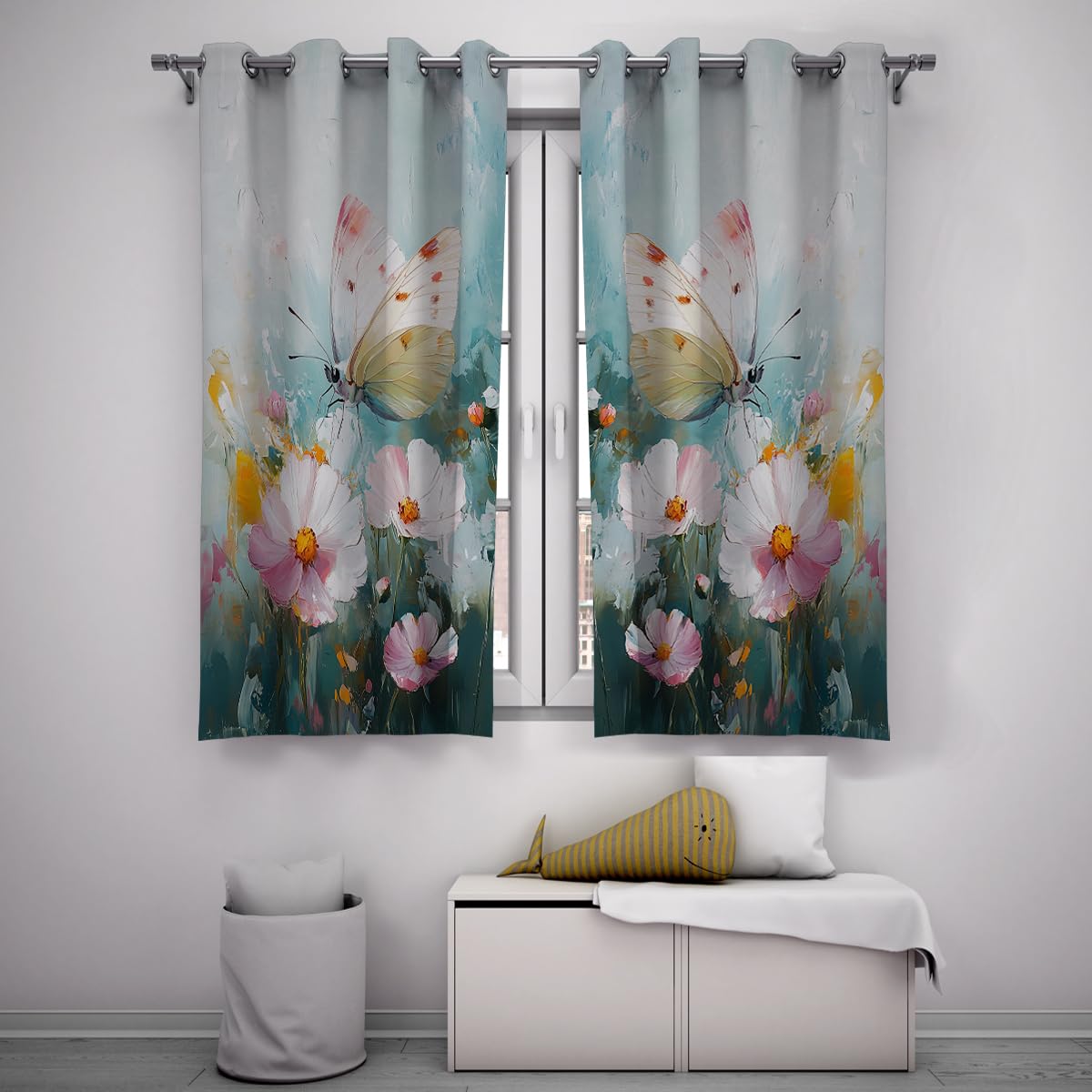 Aquarell Schmetterlingsblume Verdunkelungsvorhänge Natur Ölgemälde Stil Fenstervorhänge Wärmeisolierter Raum Verdunkelnde Ösenvorhänge 2 Vorhänge (je W140xL260cm)
