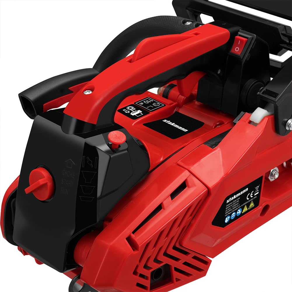Motosierra de explosión de 2 tiempos a gasolina, hoja de 30 cm, Easy Start e interruptor de seguridad, motosierra de jardín, trabajo, corta madera y ramas precisa con mango ergonómico (25,4